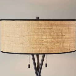 Black Metal and Rattan Tripod Floor Lamp