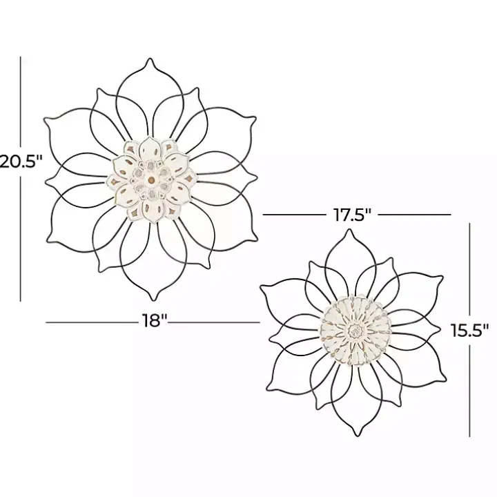 Black Metal and Wood Floral Wall Plaques, Set of 2