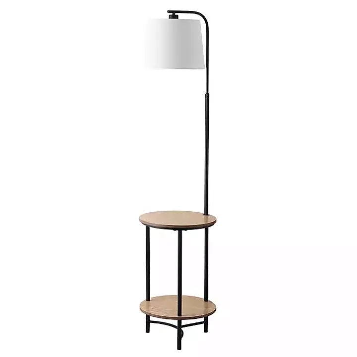 Black Metal Floor Lamp with Wood Shelves