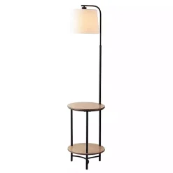 Black Metal Floor Lamp with Wood Shelves