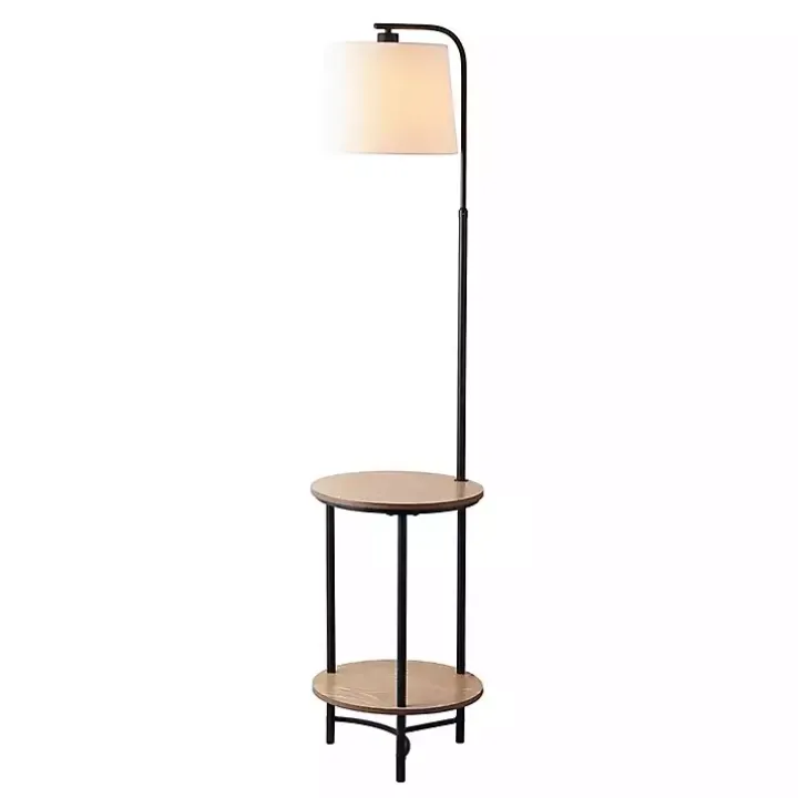 Black Metal Floor Lamp with Wood Shelves