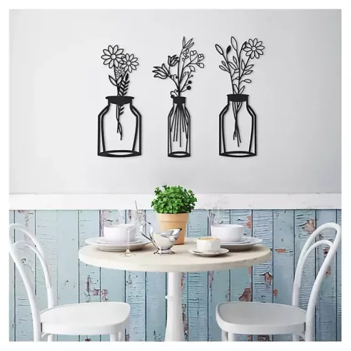 Black Metal Floral Vase Wall Plaques, Set of 3