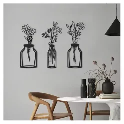 Black Metal Floral Vase Wall Plaques, Set of 3