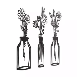 Black Metal Floral Vase Wall Plaques, Set of 3