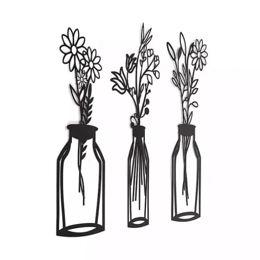 Black Metal Floral Vase Wall Plaques, Set of 3