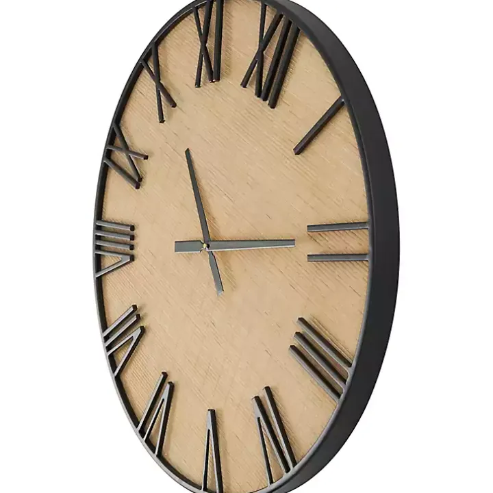 Black Metal Natural Wood Wall Clock