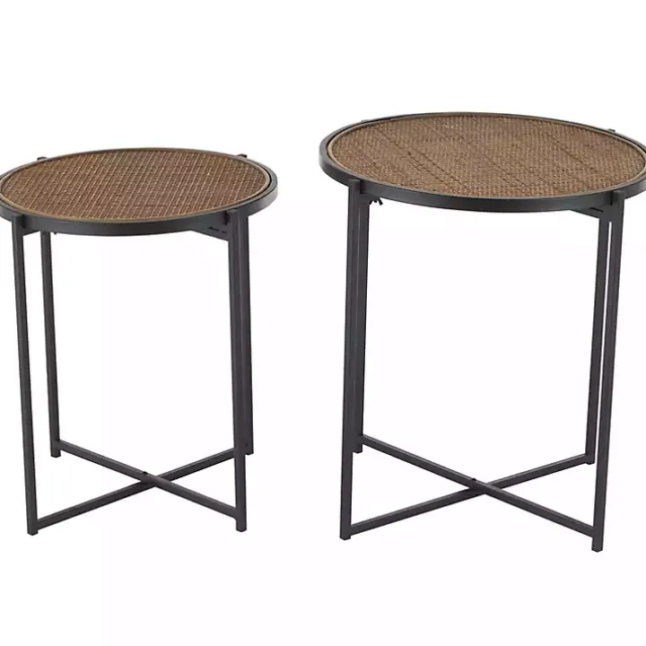 Black Metal Rattan Accent Tables, Set of 2