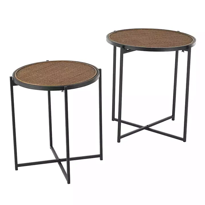 Black Metal Rattan Accent Tables, Set of 2