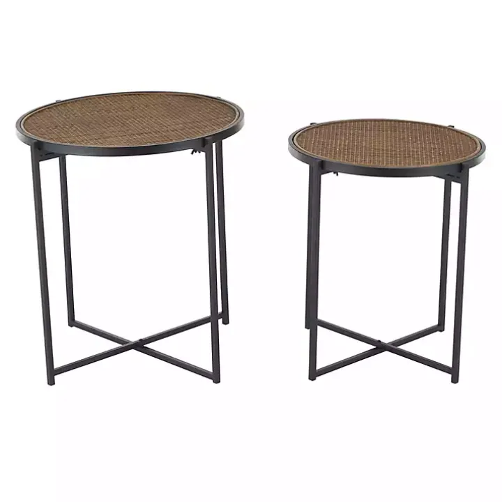 Black Metal Rattan Accent Tables, Set of 2