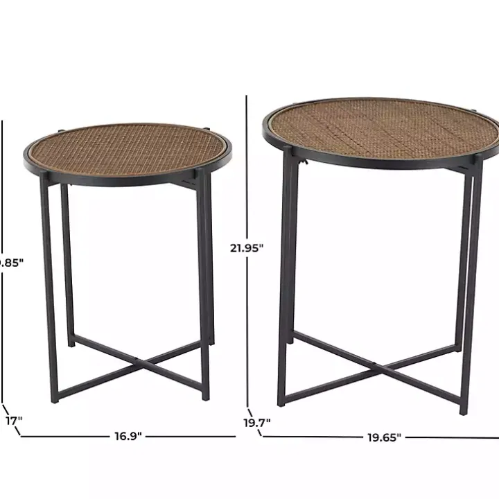 Black Metal Rattan Accent Tables, Set of 2