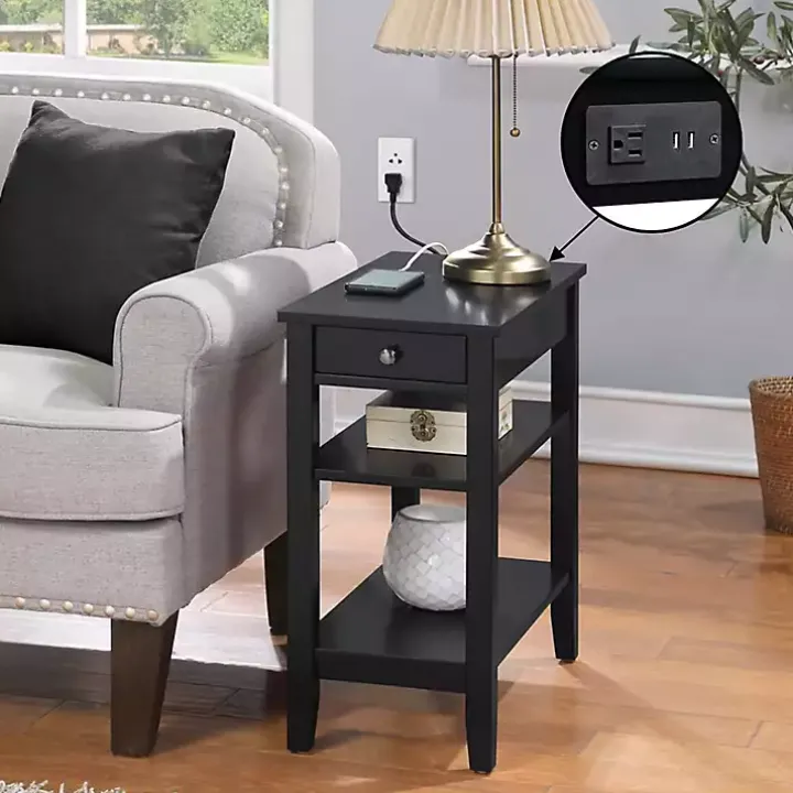 Black 2-Shelf Charging Accent Table