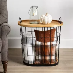 Black Wire and Natural Wood Basket Side Table