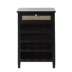 Black Wood & Natural Rattan Wine Bottle Cabinet