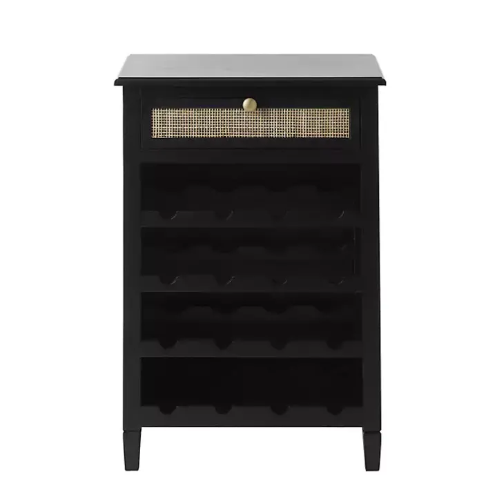 Black Wood & Natural Rattan Wine Bottle Cabinet