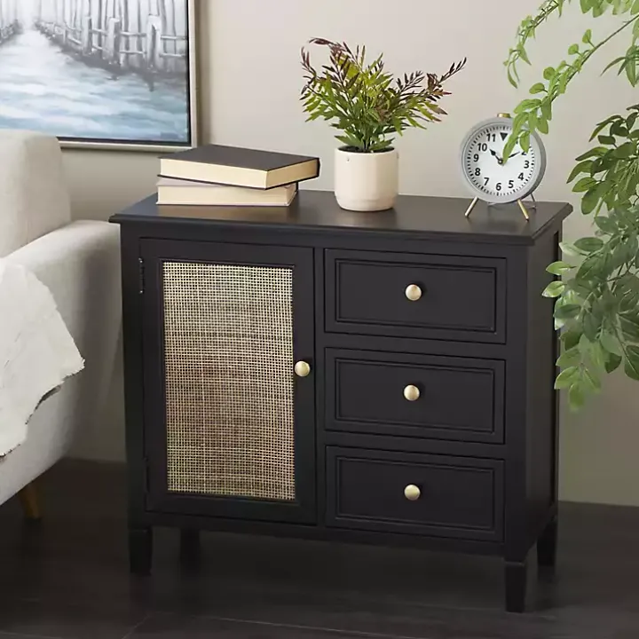 Black Wood and Natural Rattan Cabinet