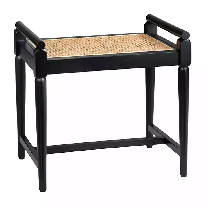 Black Wood and Rattan Boho Bench