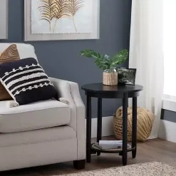 Black Wood and Rattan Boho Accent Table