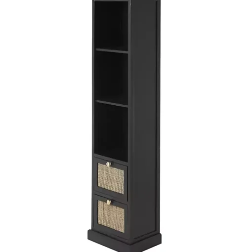 Black Wood and Rattan 3-Tier Bookcase