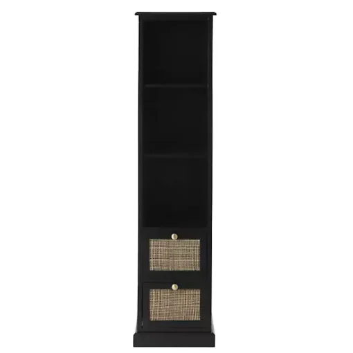 Black Wood and Rattan 3-Tier Bookcase