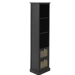 Black Wood and Rattan 3-Tier Bookcase