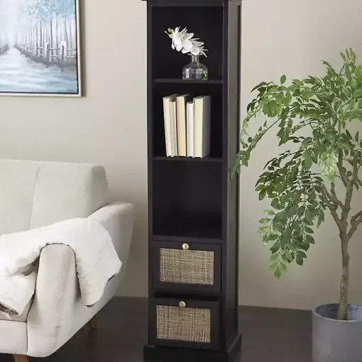 Black Wood and Rattan 3-Tier Bookcase