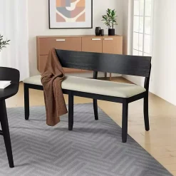 Black Wood Cream Upholstered Bench