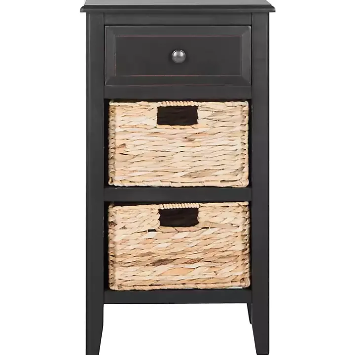 Black Wood Side Table with Baskets