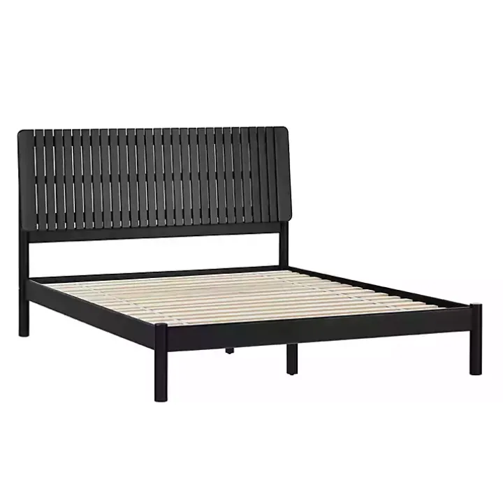 Black Wood Slatted Mid-Century Modern Queen Bed