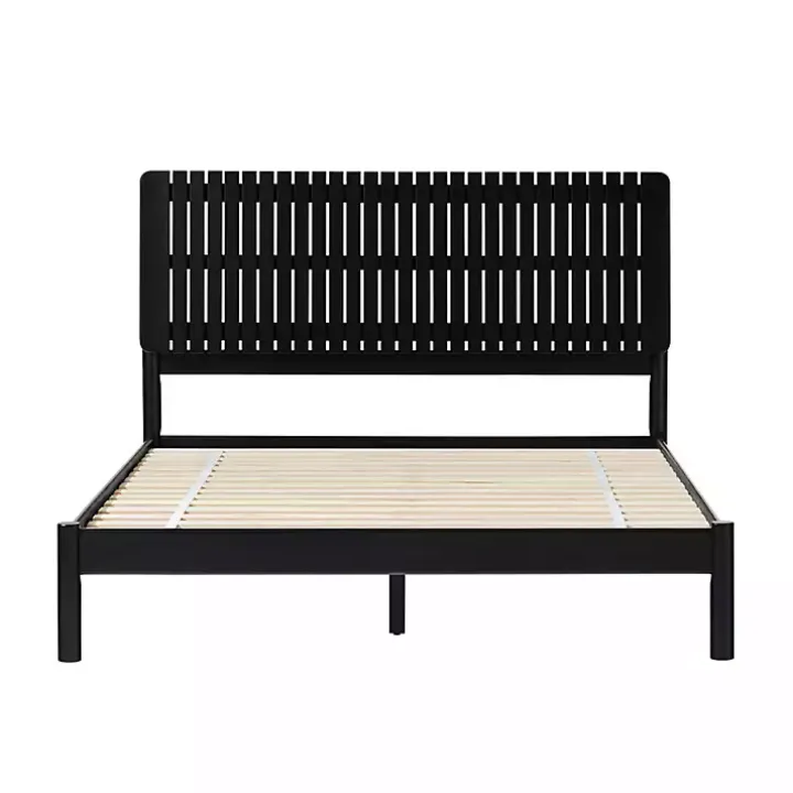 Black Wood Slatted Mid-Century Modern Queen Bed