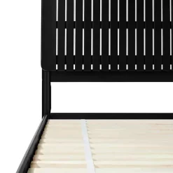 Black Wood Slatted Mid-Century Modern Queen Bed