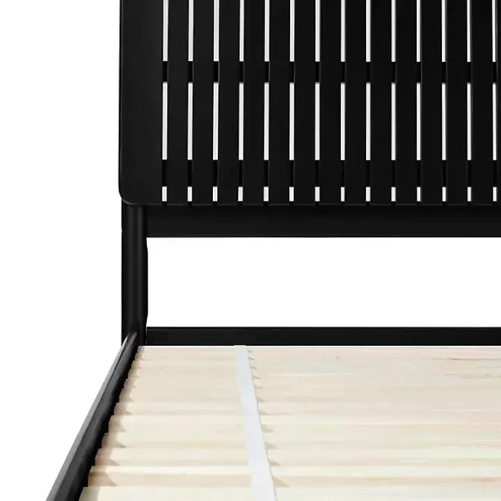 Black Wood Slatted Mid-Century Modern Queen Bed