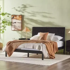 Black Wood Slatted Mid-Century Modern Queen Bed