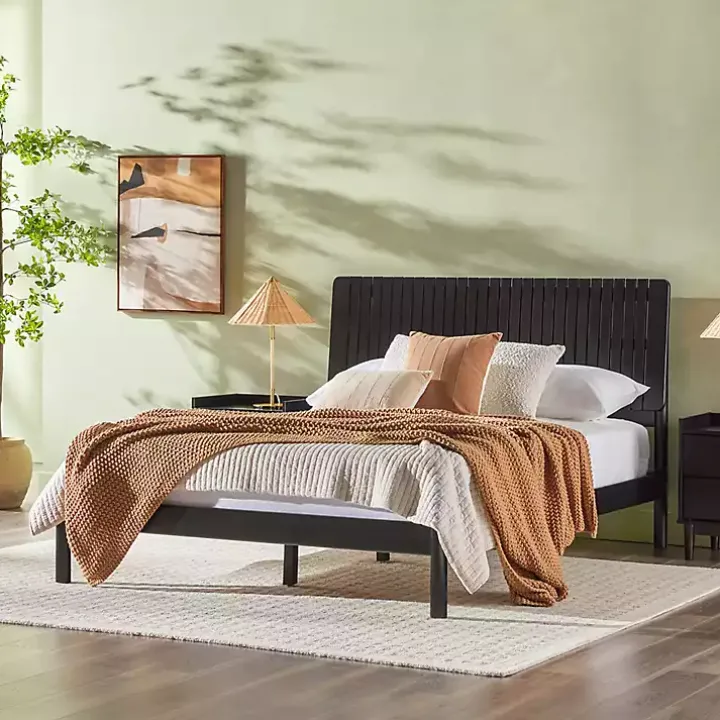 Black Wood Slatted Mid-Century Modern Queen Bed