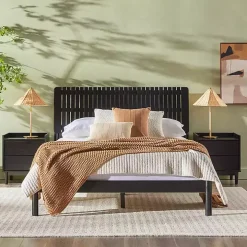Black Wood Slatted Mid-Century Modern Queen Bed