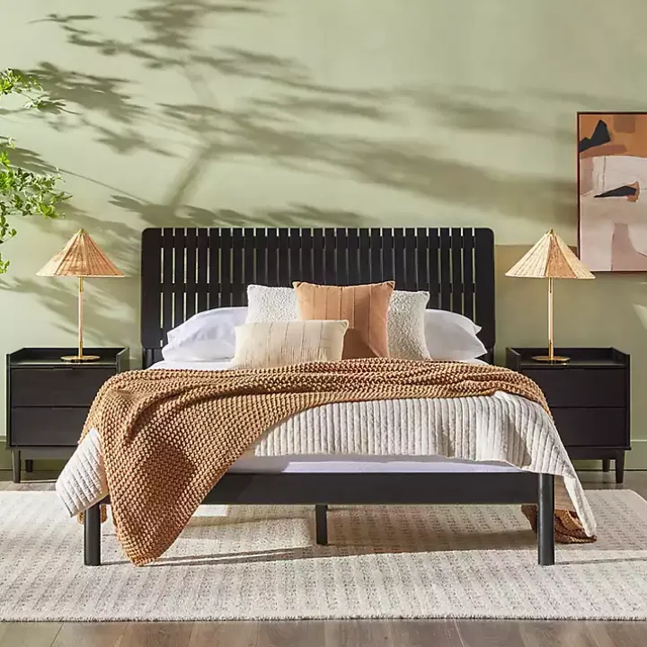 Black Wood Slatted Mid-Century Modern Queen Bed