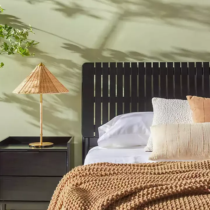 Black Wood Slatted Mid-Century Modern Queen Bed