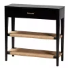 Black Wood Woven Shelves Console Table