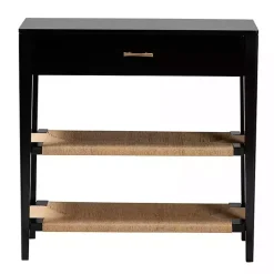 Black Wood Woven Shelves Console Table
