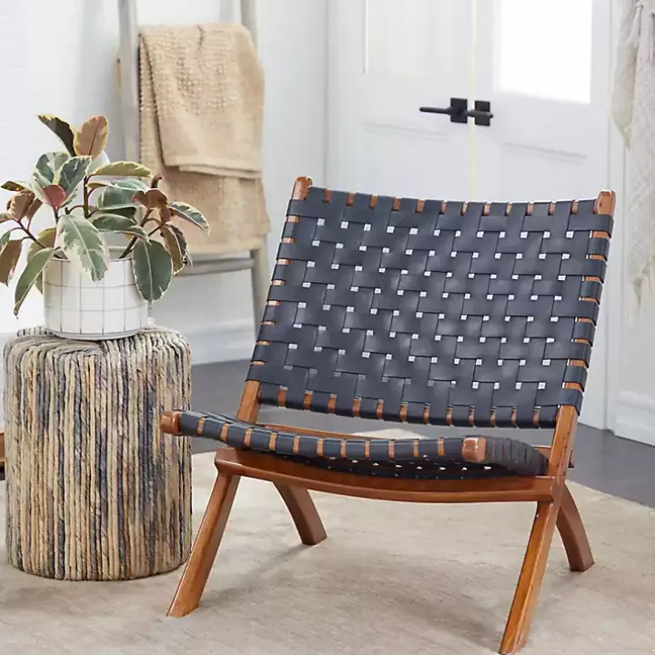 Black Woven Leather Folding Accent Chair