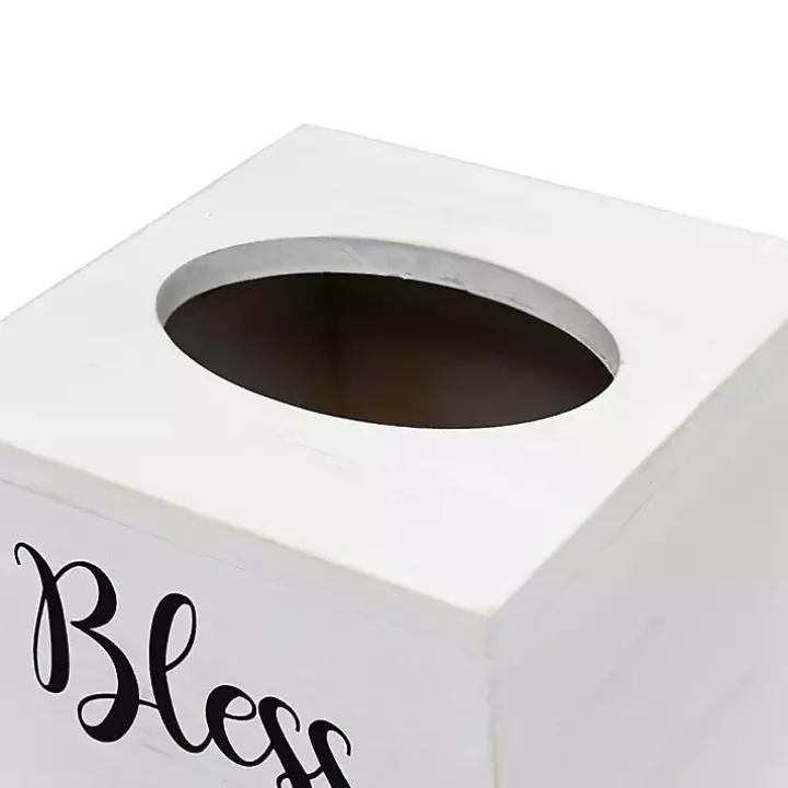 Bless You White Wood Tissue Box Cover