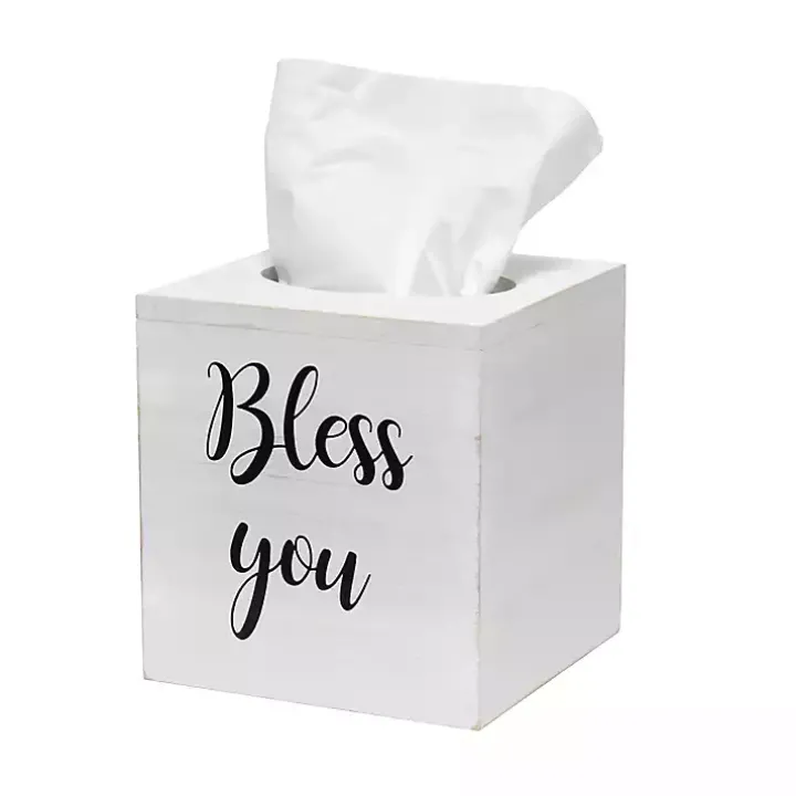 Bless You White Wood Tissue Box Cover