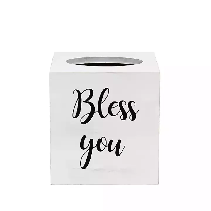 Bless You White Wood Tissue Box Cover