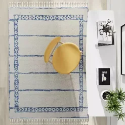 Blue & White Striped Block Border Area Rug, 8x10