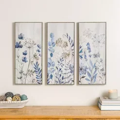 Blue and Gray Floral Canvas Art Prints, Set of 3