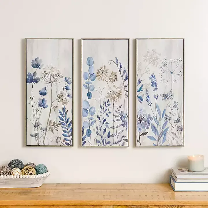 Blue and Gray Floral Canvas Art Prints, Set of 3