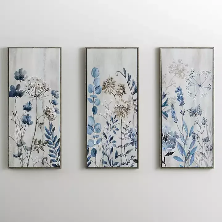 Blue and Gray Floral Canvas Art Prints, Set of 3