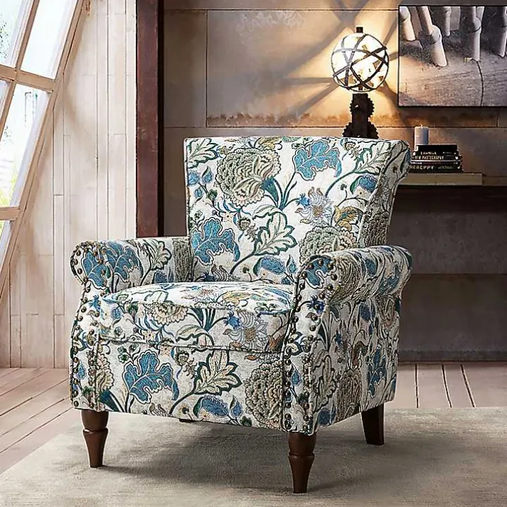 Blue and Green Floral Upholstered Accent Chair