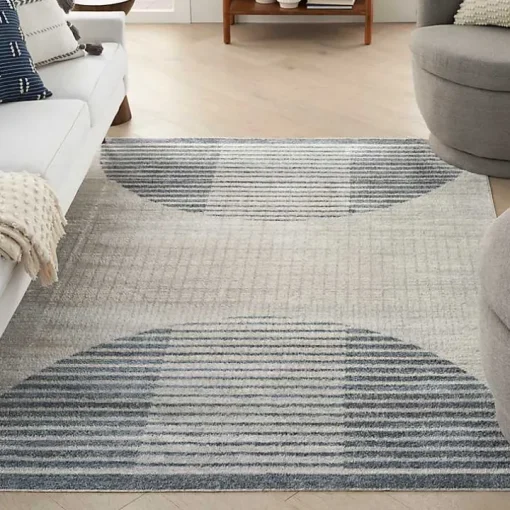 Blue and Ivory Half Moon Washable Area Rug, 5x7