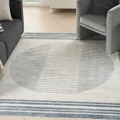 Blue and Ivory Linear Orb Washable Area Rug, 5x7