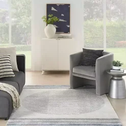 Blue and Ivory Linear Orb Washable Area Rug, 5x7